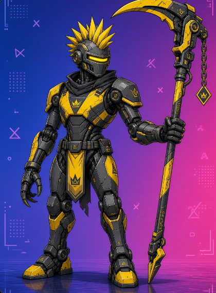 A stylized illustration of a yellow and black armored warrior with a spiky mohawk helmet, holding a large curved scythe-like weapon against a purple and pink gradient background.
