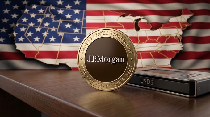 A J.P. Morgan-branded stablecoin coin labeled 'USD' sits on a wooden desk in front of a black hardware wallet, with a US map silhouette overlaid on the American flag in the background.