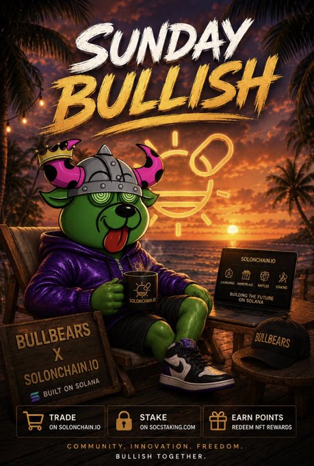 A promotional poster titled 'Sunday Bullish' for the BullBears NFT project, featuring a green bull character in a horned helmet and purple hoodie relaxing at sunset on a beach, with text promoting solonchain.io and staking.