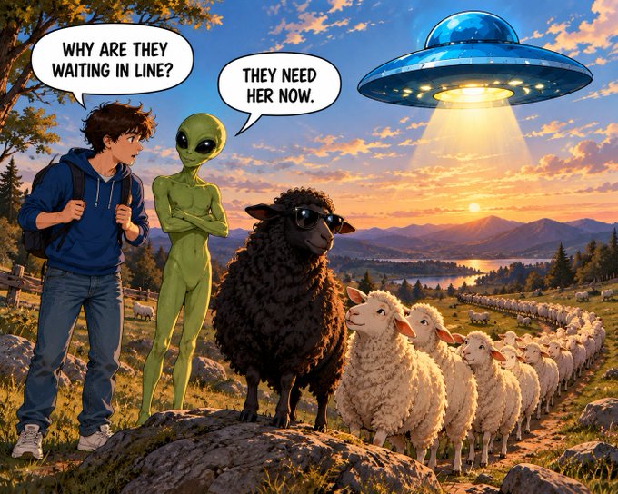 A surreal digital illustration showing a boy, a green alien, a black sheep wearing sunglasses, and white sheep waiting in line, with a UFO hovering overhead and speech bubbles reading "WHY ARE THEY WAITING IN LINE?" and "THEY NEED HER NOW."