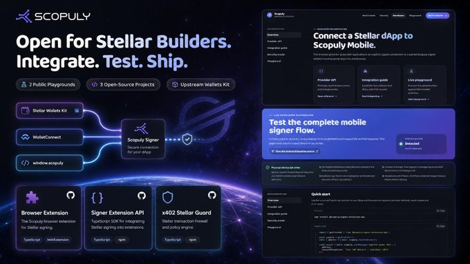 A promotional graphic for 'SCOPULY' titled 'Open for Stellar Builders. Integrate. Test. Ship.' featuring 2 Public Playgrounds, 3 Open-Source Projects, and tools like Stellar Wallets Kit, WalletConnect, and Scopuly Signer, with screenshots of the mobile signer flow.
