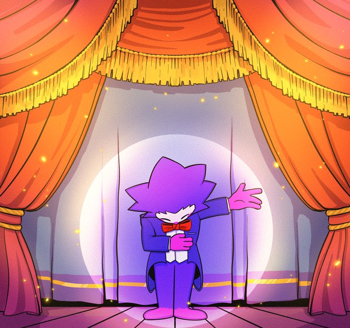 A purple hedgehog-like cartoon character with spiky hair, wearing a formal blue tuxedo with a red bowtie, stands center stage under a dramatic spotlight, striking an elegant pose with one arm outstretched and the other holding a microphone. The character is framed by grand orange theater curtains with gold trim, surrounded by sparkling confetti or stars, perfectly capturing the celebratory "Big Reveal" moment referenced in the post about the sold-out Chog NFT collection of 1,969 pieces.