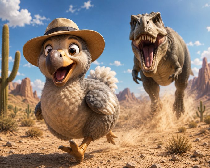 A Pixar-style 3D animated scene shows a cheerful dodo bird wearing a straw hat running through a desert landscape while being chased by a roaring Tyrannosaurus Rex.