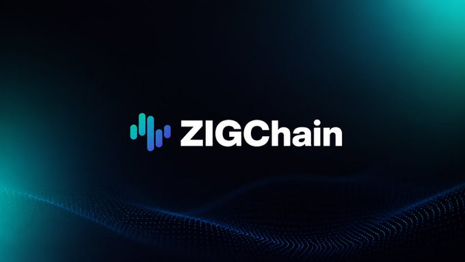 The image features the ZIGChain logo in white text alongside a stylized blue and teal soundwave-like icon, set against a dark gradient background with flowing particle effects. The branding visually reinforces the post's message about ZIGChain building the foundational infrastructure ("rails") for onchain finance and RWA-focused products.