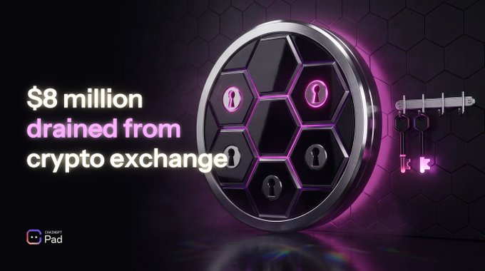 A stylized graphic shows a large vault door with keyholes illuminated in pink, alongside two keys and text reading "$8 million drained from crypto exchange," paired with a Phemex Pad logo, visually emphasizing the theme of stolen crypto funds.