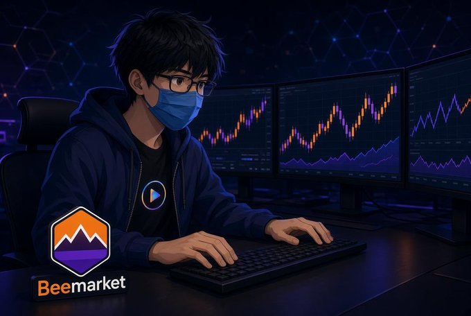 A masked trader wearing glasses and a hoodie types at a multi-monitor setup displaying candlestick charts, with the "Beemarket" logo (a stylized mountain) featured prominently in the foreground. The image visually reinforces the post by depicting an active trader analyzing market data, symbolizing how Beemarket monitors prediction markets to spot price discrepancies for traders.