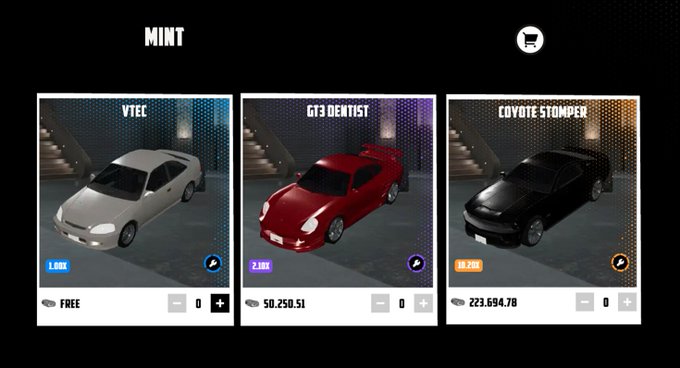 A gaming marketplace interface titled 'MINT' showing three car NFTs: VTEE (1.00X, FREE), GT3 DENTIST (2.10X, 50,250.51), and COYOTE STOMPER (10.70X, 223,694.78).