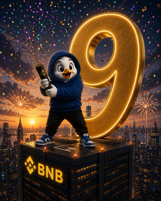 A cartoon penguin mascot wearing a blue hoodie stands triumphantly atop a skyscraper labeled "BNB" alongside a glowing golden "9," with confetti and fireworks lighting up a city skyline to celebrate Binance's 9th Anniversary. The festive imagery directly reflects the post's milestone tribute, with the prominent "9" and BNB branding symbolizing the crypto exchange's 9-year journey honored by the AiDove community.