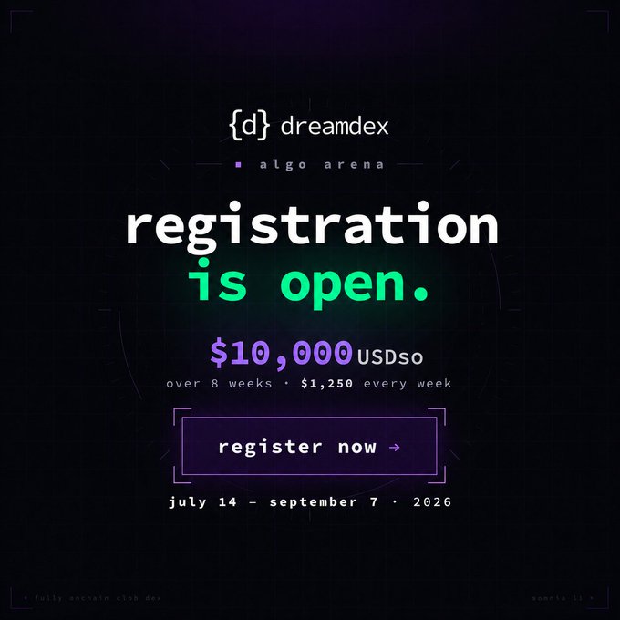 A promotional graphic for "dreamex algo arena" announces that registration is open, featuring a $10,000 USDso prize pool distributed as $1,250 weekly over 8 weeks from July 14 to September 7, 2026, with a "register now" call-to-action button.
