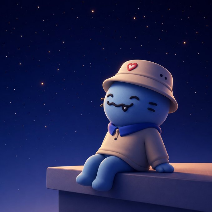 A 3D-rendered cute blue octopus-like character wearing a beige bucket hat with a red heart and a beige sweater, sitting on a ledge under a starry night sky.