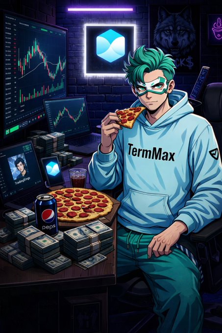An anime-style digital illustration of a teal-haired character wearing a 'TermMax' hoodie, eating pizza amid stacks of cash, with a sushi roll in the background, multiple monitors showing candlestick charts, and the Sui logo prominently displayed.