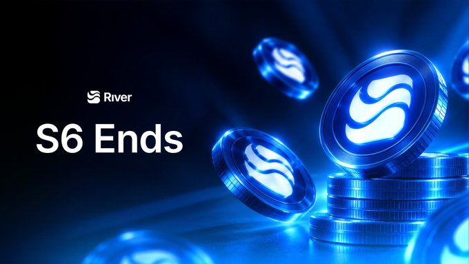 A promotional graphic for the River platform announcing 'S6 Ends' with stylized blue coin imagery.