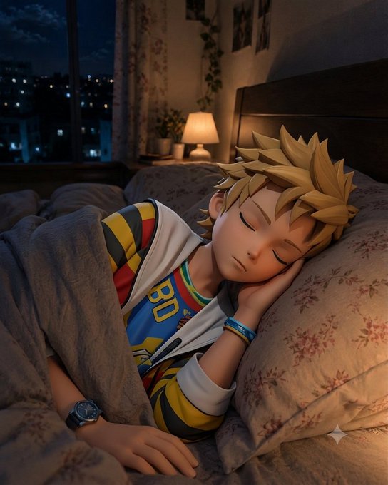 A stylized 3D-rendered scene of a blonde anime-style character sleeping peacefully in bed under a blanket, wearing a colorful jersey and wristbands.