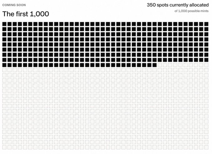 A website section titled "The first 1,000" marked "COMING SOON," showing a grid of squares with "350 spots currently allocated of 1,000 possible mints," with the allocated portion filled in black.