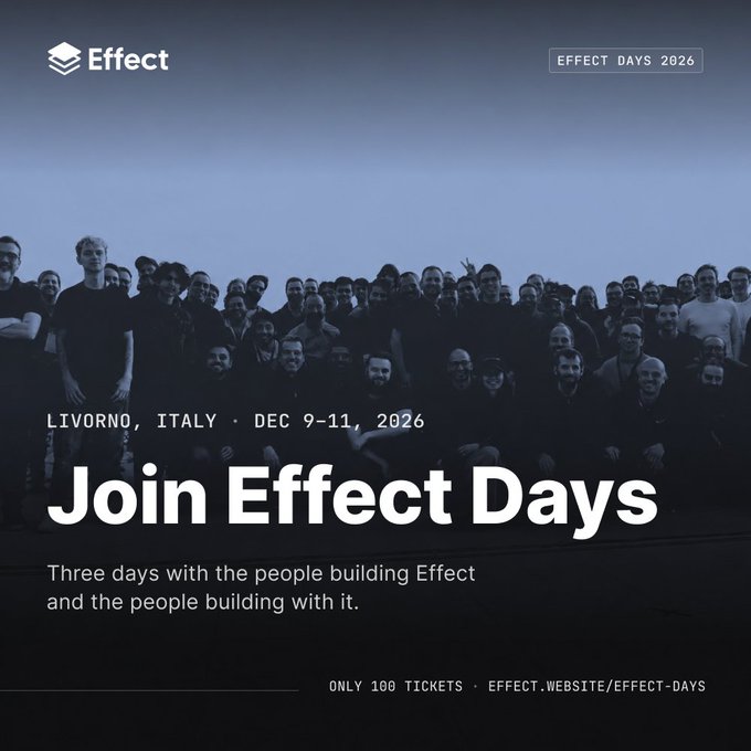 A promotional poster for 'EFFECT DAYS 2026' shows a large group photo in dark blue tones with text reading 'LIVORNO, ITALY · DEC 9-11, 2026', 'Join Effect Days', and 'ONLY 100 TICKETS · EFFECT.WEBSITE/EFFECT-DAYS'.