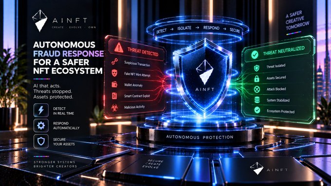 A promotional graphic for AINFT with the tagline 'AUTONOMOUS FRAUD RESPONSE FOR A SAFER NFT ECOSYSTEM,' showing a security system detecting threats like suspicious transactions and wallet anomalies.