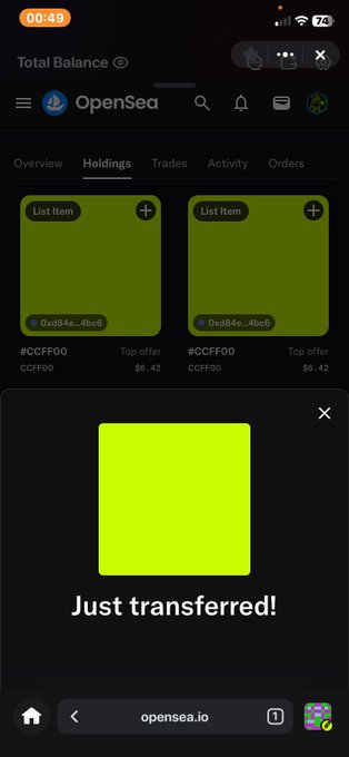 The image shows a screenshot of OpenSea on a mobile browser displaying two NFT holdings under the collection #CCFF00, each priced at $6.42 with a total balance visible at the top. A "Just transferred!" notification pops up in the foreground with a green square graphic. This connects to the post about a crypto/NFT airdrop event where users are instructed to repost a Twitter Space to participate.