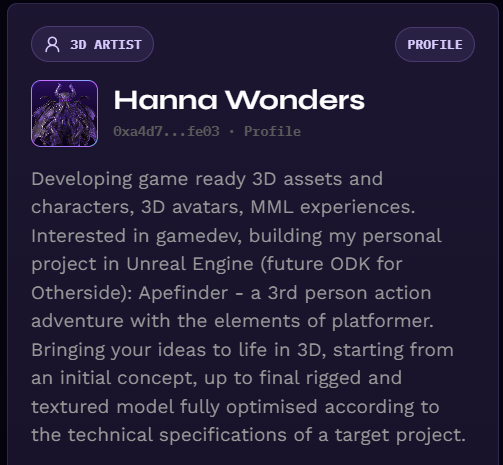 A profile card for 'Hanna Wonders', a 3D ARTIST who develops game ready 3D assets, characters, avatars, and MML experiences, currently building 'ApEFinder' in Unreal Engine.