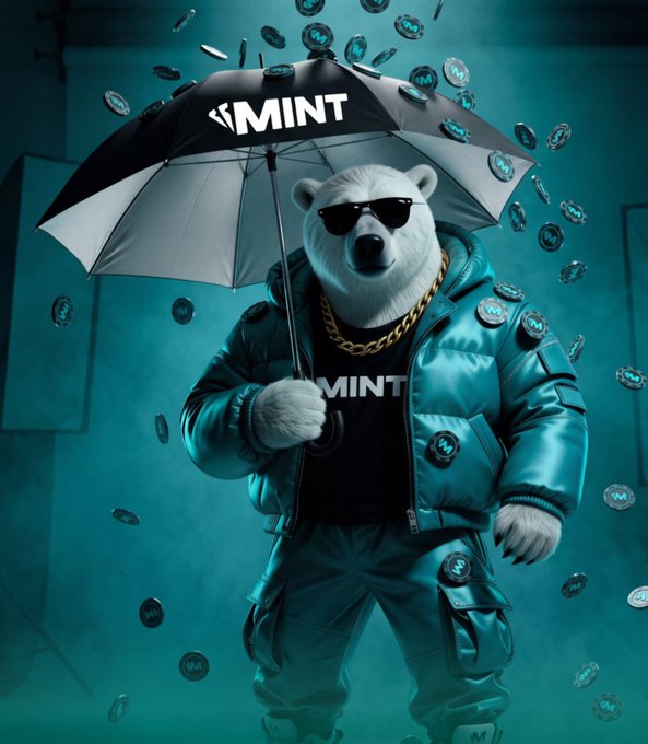 A stylized white polar bear wearing sunglasses, a gold chain, and a teal puffer jacket holds a 'MINT' branded umbrella while surrounded by falling MINT coins.