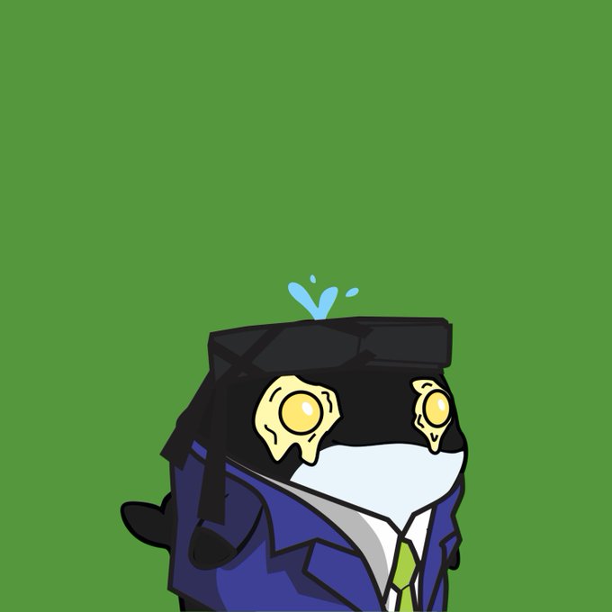 A cartoon character with an egg-like head, wearing sunglasses, a graduation cap with a blue tassel, and a blue suit jacket, set against a solid green background.
