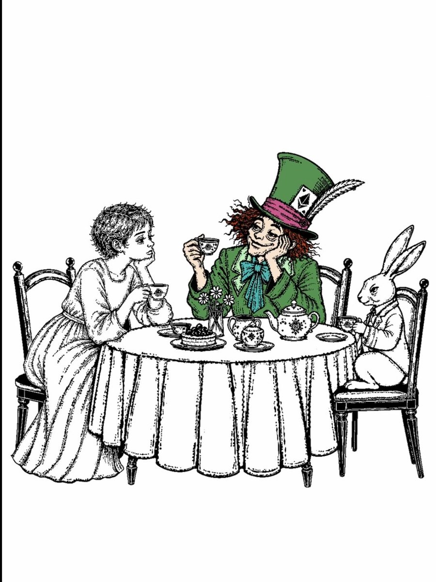 An illustration from “Sariraa in Wonderland” shows the Mad Hatter seated at a tea table with Alice and the White Rabbit, with no visible text or numbers. The vintage-style scene depicts the characters sharing tea in their whimsical collection artwork.