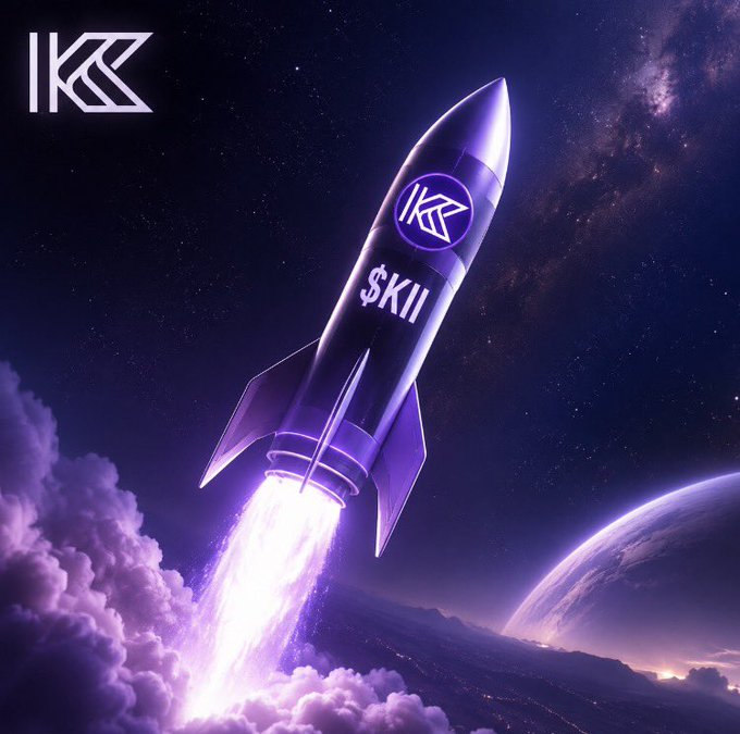 A digital artwork of a purple rocket with 'K' logos and '$KII' text launching into a starry cosmic sky above Earth, with purple exhaust flames.