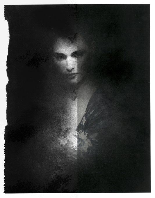 A moody, monochromatic mixed-media portrait of a woman with dark hair and floral details on her clothing, partially obscured by shadowy textures.