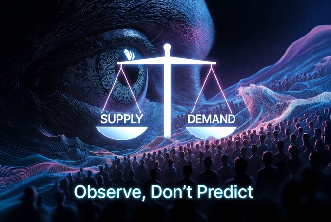 The caption for this image could be: "An abstract depiction of economic principles with a prominently displayed scale of 'Supply' and 'Demand' balanced over a silhouetted crowd against a night sky, underscored by the text 'Observe, Don’t Predict,' highlighting the essence of market dynamics and the approach of a seasoned investor, mirroring the post’s advice that the market is indifferent to personal feelings and emphasizes the importance of observing rather than predicting."