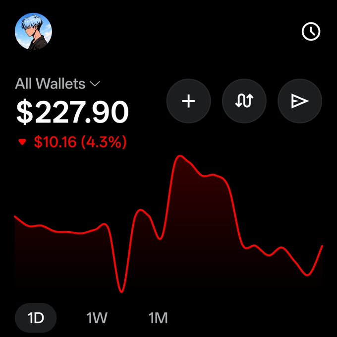 A mobile wallet app screenshot showing a balance of $227.90 with a -$10.16 (4.3%) daily loss displayed on a red line chart.