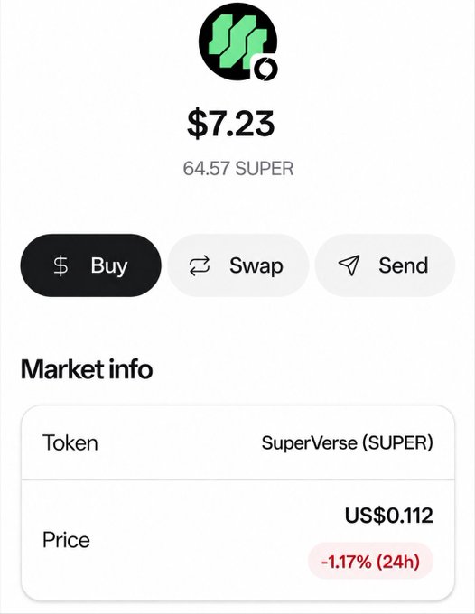 The image displays a crypto wallet screen showing an airdrop of 64.57 SUPER tokens (SuperVerse) valued at $7.23, with a market price of US$0.112 and a 24-hour decline of -1.17%, illustrating the free SuperVerse Carnival airdrop received by a Startale user as described in the post.