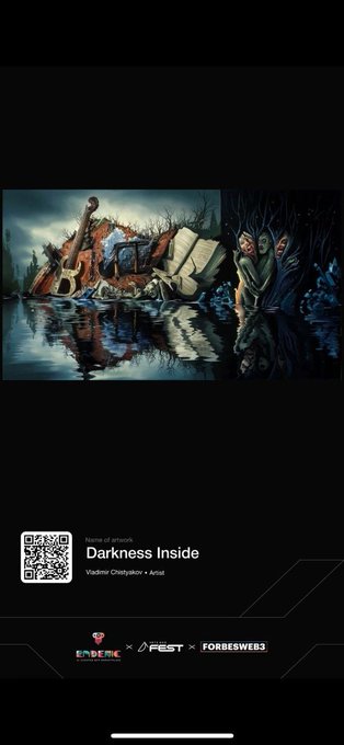 A promotional poster for an NFT episode titled 'Darkness Inside' by Vladimir Chistyakov, featuring surreal artwork of a rusted truck in water with figures, alongside logos for Endemic, A Fest, and ForbesWeb3.