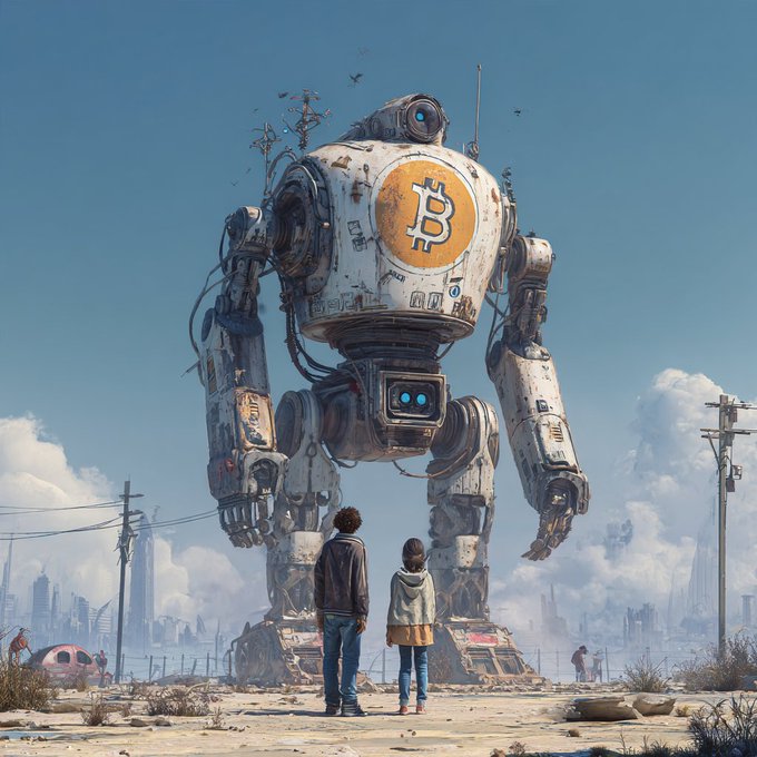 An illustration showing two small figures standing before a massive weathered robot bearing a Bitcoin logo on its chest, set in a dusty post-apocalyptic landscape under a blue sky.
