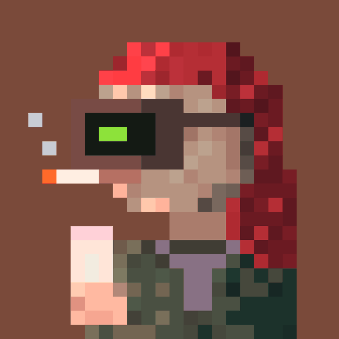 Pixel art illustration of a character with red hair, a dark visor with a green lens, a cigarette in their mouth, and a purple shirt, exhaling smoke against a brown background.