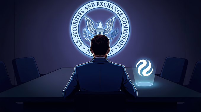 An illustration of a man in a suit sitting at a long table facing the U.S. Securities and Exchange Commission (SEC) seal, with a neon Stellar (XLM) logo floating beside him.
