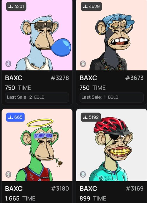 Four Bored Ape Yacht Club (BAXC) NFT listings are shown, featuring various apes with prices ranging from 750 to 1,665 TIMES, with some showing EGLD last sale prices.