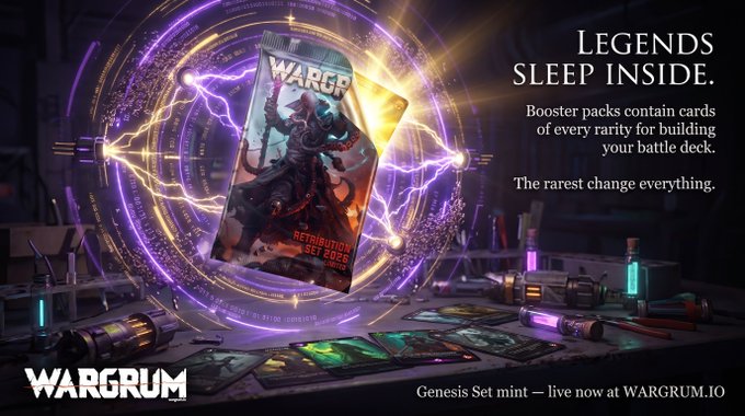 An advertisement for the card game WARGRUM, displaying a 'WARGRUM' booster pack with the tagline 'LEGENDS SLEEP INSIDE,' noting 'Booster packs contain cards of every rarity for building your battle deck. The rarest change everything.' Genesis Set mint available at WARGRUM.IO.