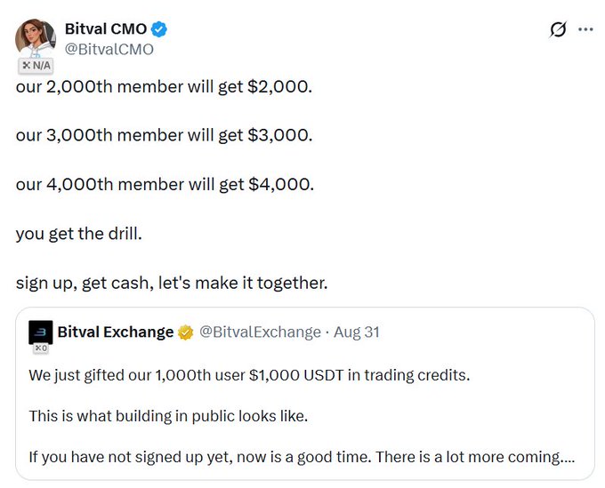 A screenshot of tweets by Bitval CMO and Bitval Exchange offering escalating cash rewards for the 2,000th through 4,000th members to sign up.