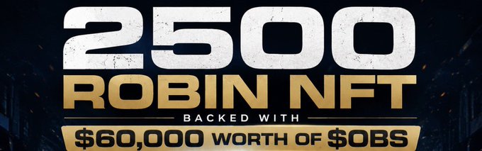 Promotional graphic displaying '2500 ROBIN NFT' in large text with 'BACKED WITH $60,000 WORTH OF $OBS' underneath, set against a dark background with particle effects.