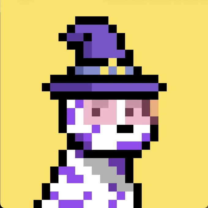 A pixel art character with purple and white coloring stands against a yellow background.