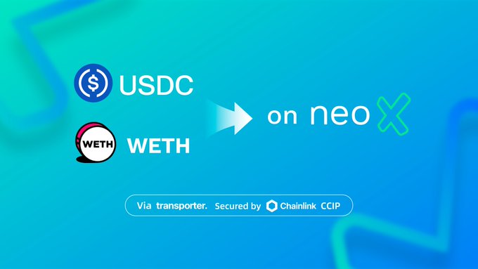 A promotional graphic showing USDC and WETH tokens with an arrow pointing to 'on neo X', with text 'Via transporter. Secured by Chainlink CCIP' on a blue background.