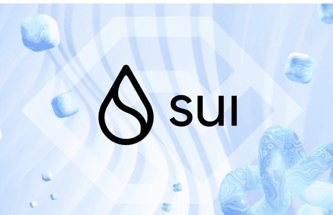 A promotional graphic featuring the 'sui' logo (a black water drop icon) against a light blue background with floating ice/water elements and a geometric pattern.