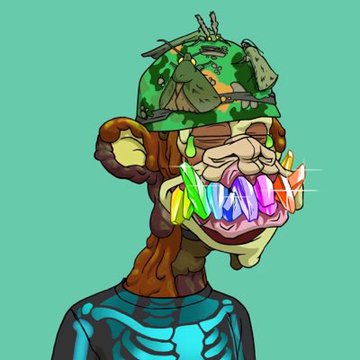 A digital NFT artwork featuring a cartoon monkey wearing a military-style camouflage helmet and colorful, glowing teeth, set against a teal background.