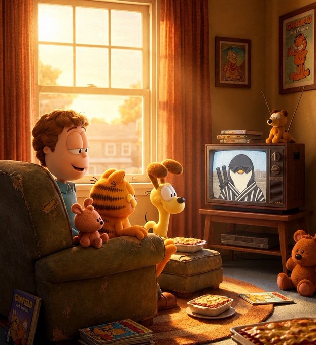 A cozy Pixar-style living room scene shows Jon Arbuckle lounging in a worn armchair alongside Garfield and Odie, all gathered around a vintage TV playing "Scream" with pizza on the floor, while a "GARFIELD" poster hangs on the wall. The warm, nostalgic vibe and fan-art aesthetic match the "gm familia" greeting, suggesting a new video announcement inviting community support.