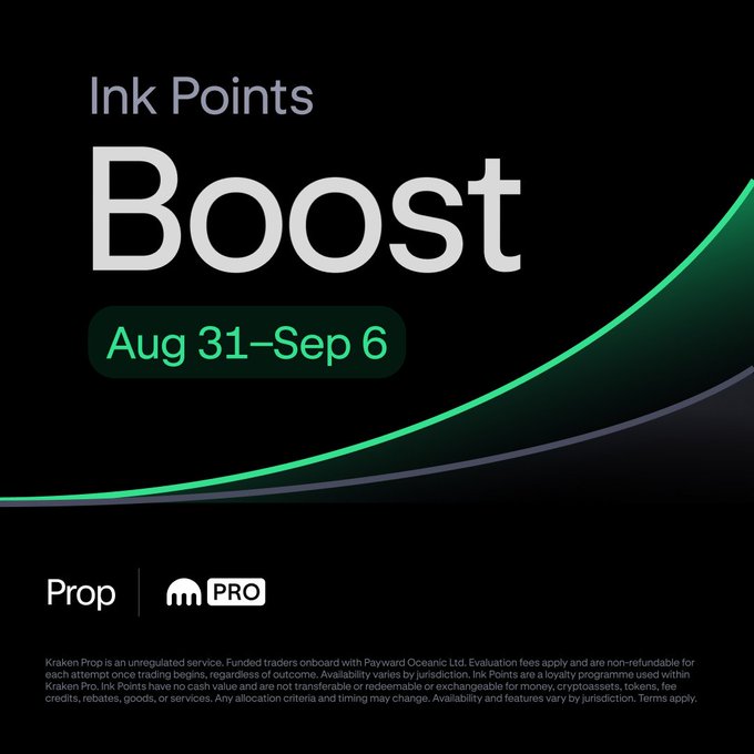 A promotional graphic announces an "Ink Points Boost" running August 31 through September 6, featuring a stylized green sweep graphic against a black background with Kraken Prop and PRO logos displayed at the bottom.