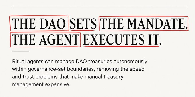 A presentation slide stating 'THE DAO SETS THE MANDATE. THE AGENT EXECUTES IT,' explaining that Ritual agents can autonomously manage DAO treasuries within governance-set boundaries.