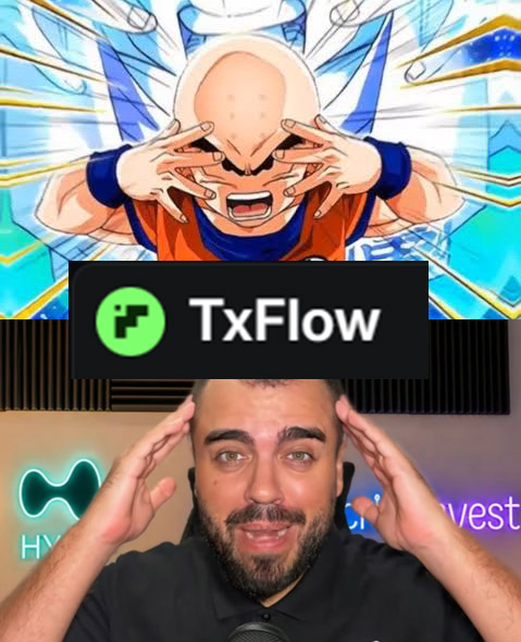 A promotional graphic for 'TxFlow' featuring a Krillin character from Dragon Ball performing a head-focused technique at the top and a man with a beard mimicking the same gesture at the bottom.