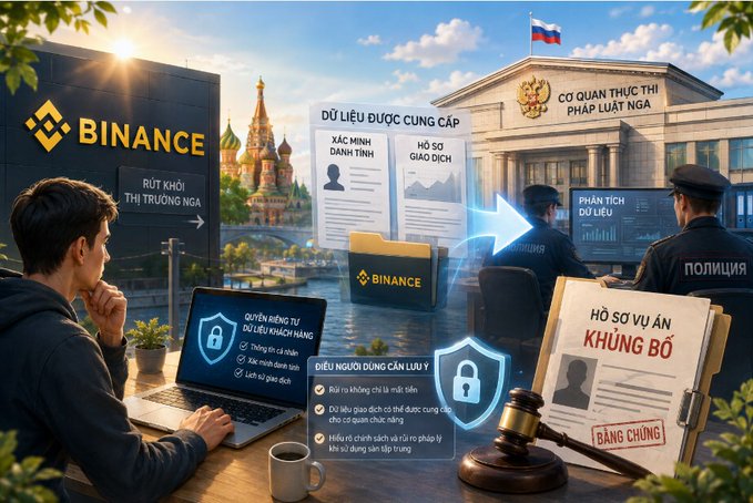 Vietnamese-language AI-generated illustration depicting Binance cryptocurrency exchange, showing user data being transferred to Russian law enforcement with references to St. Basil's Cathedral and the Russian Federal Bailiffs Service.