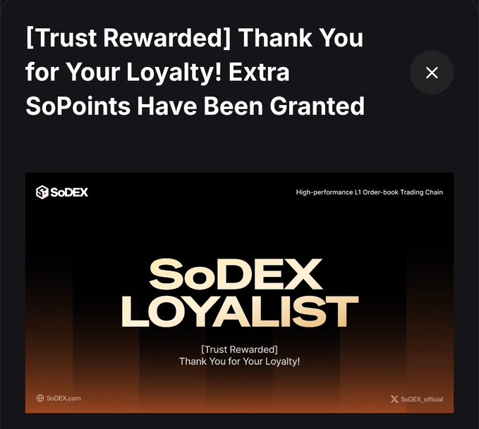 SoDEX announces a "Loyalist" reward under its "[Trust Rewarded]" soPoints campaign, with extra points granted to loyal users. This relates to the post by emphasizing anticipation around the soPoint campaign rewards and the need for the team to maintain trust through a well-designed Season 2 format.