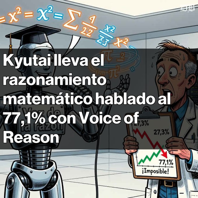An illustrated graphic with Spanish text reading 'Kyutai lleva el razonamiento matemático hablado al 77,1% con Voice of Reason', depicting a robot graduate talking to a sweating scientist holding a clipboard.