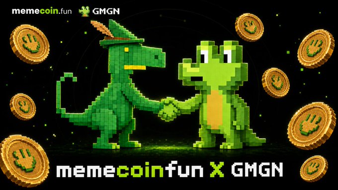 A promotional graphic for 'memecoin.fun X GMGN' featuring two pixelated green characters—a dinosaur in a hat and a frog—shaking hands against a black background surrounded by gold coins with logo imprints.